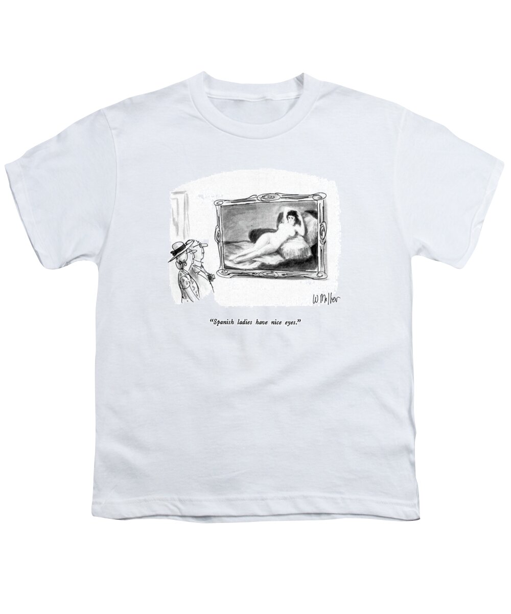 

 Elderly Couple Looking At A Goya Nude. 
Art Youth T-Shirt featuring the drawing Spanish Ladies Have Nice Eyes by Warren Miller