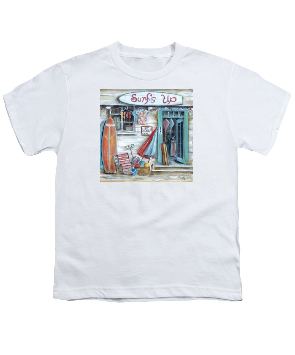 Surfing Youth T-Shirt featuring the painting Surfs Up Beach Shop by Marilyn Dunlap