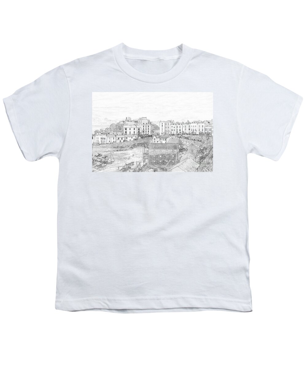 Tenby Youth T-Shirt featuring the photograph Tenby Harbour Pencil Sketch 5 by Steve Purnell