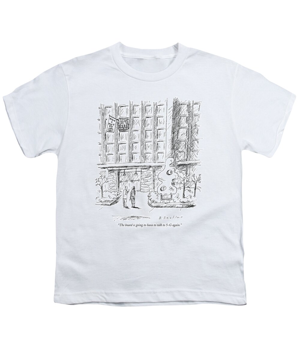 (couple In Front Of Modern Apartment Building With A Have A Happy Day Flag Hanging Out Of One Of The Windows.) Urban Youth T-Shirt featuring the drawing The Board Is Going To Have To Talk To 5-g Again by Barbara Smaller