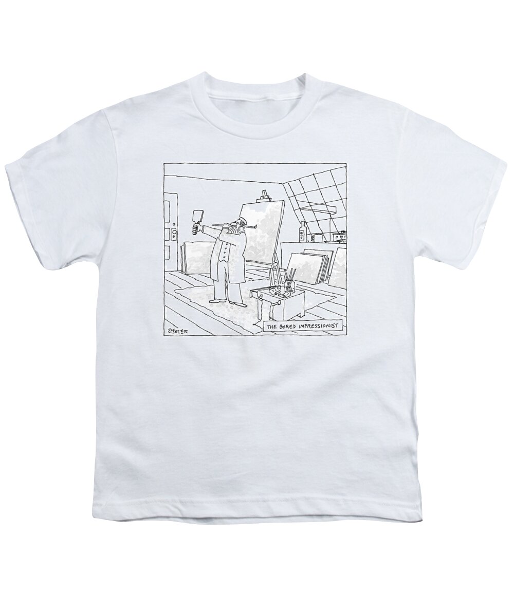 Captionless Impressionist Youth T-Shirt featuring the drawing The Bored Impressionist An Artist Holds A Mirror by Jack Ziegler