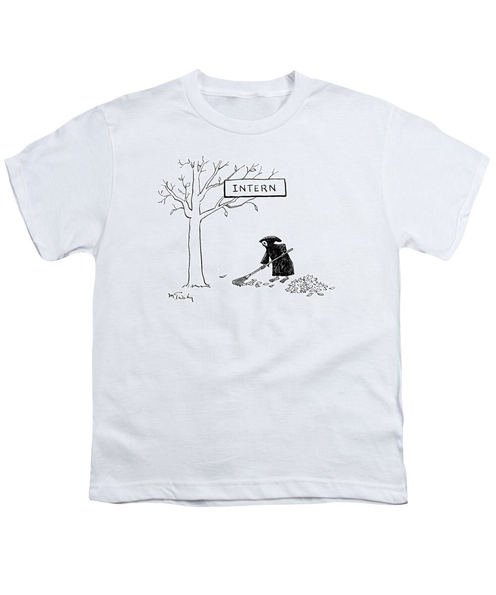 Grim Reaper Youth T-Shirt featuring the drawing The Grim Reaper Rakes Up A Pile Of Leaves by Mike Twohy