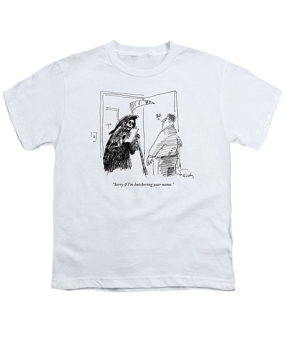 Grim Reaper Youth T-Shirt featuring the drawing The Grim Reaper Stands In The Doorway Of A Man's by Mike Twohy
