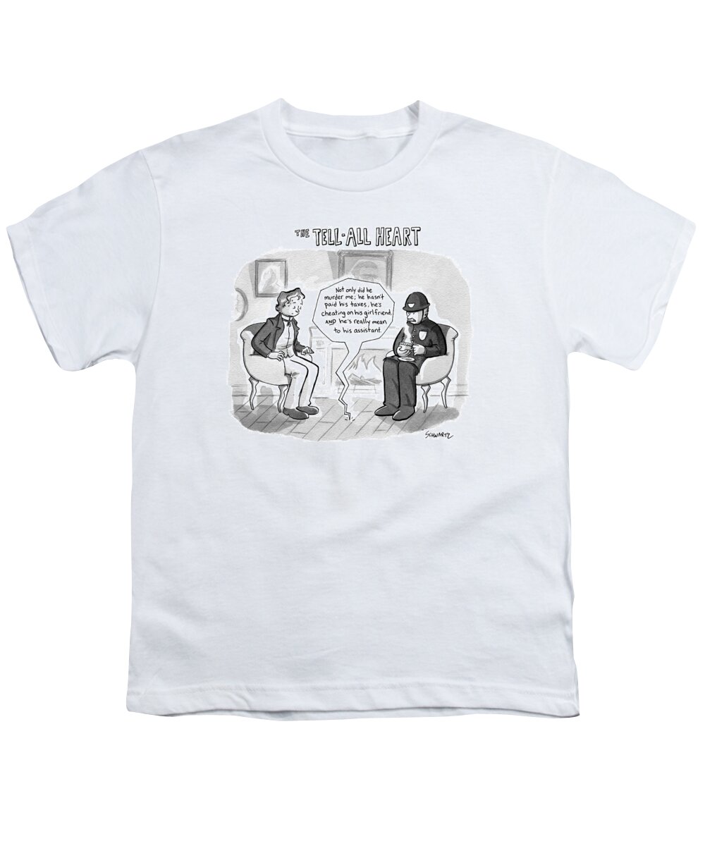 Captionless The Tell-tale Heart Youth T-Shirt featuring the drawing The Tell-all Heart by Benjamin Schwartz