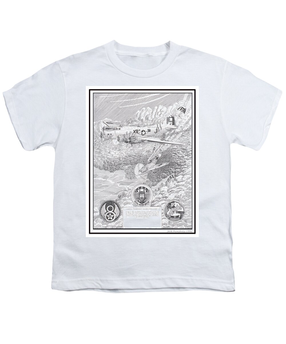 Art Of Famous Bombers Youth T-Shirt featuring the drawing They all lived crash of Boeing B 17 and ME 109 by Jack Pumphrey