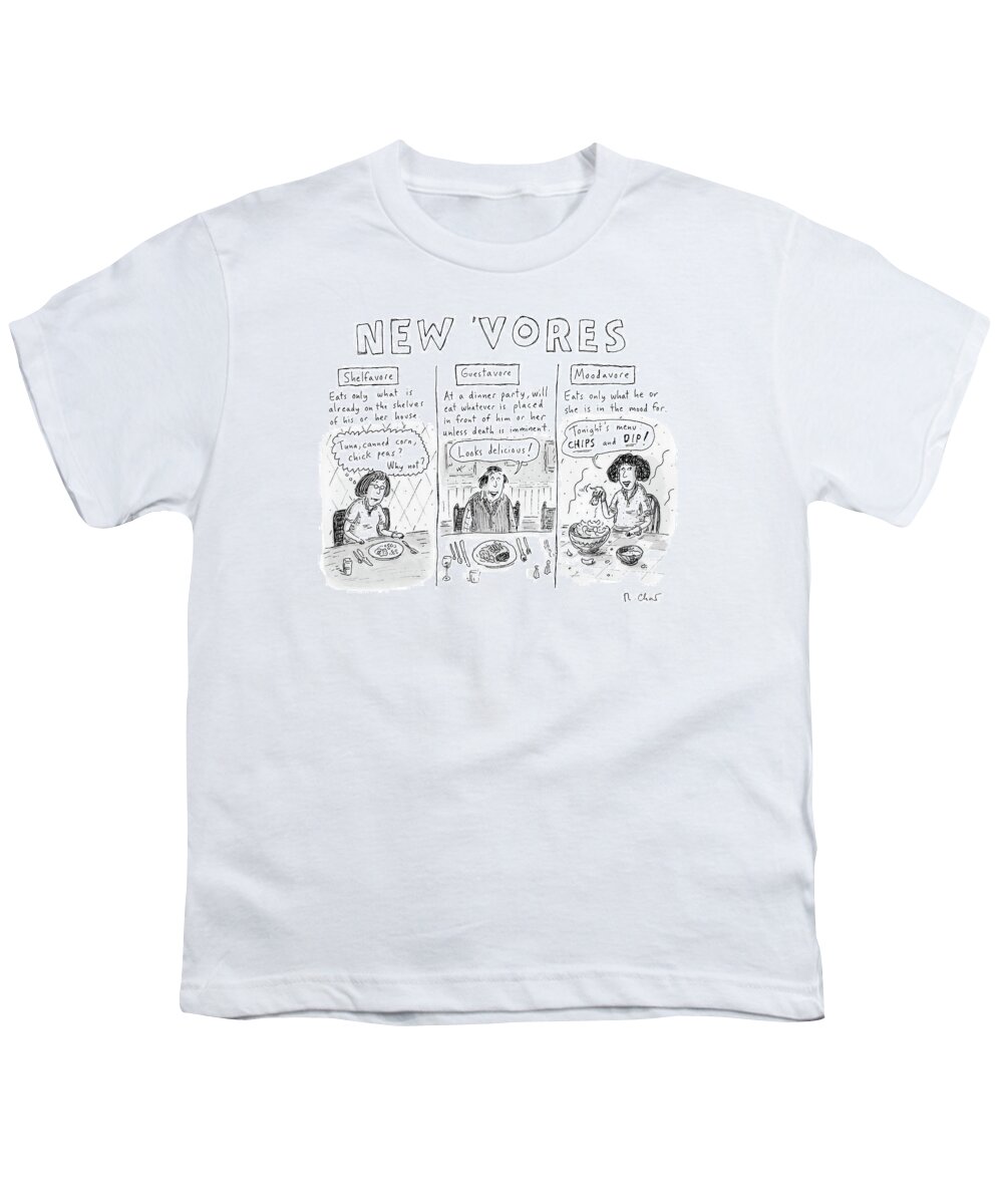 Omnivore Youth T-Shirt featuring the drawing Three Eaters In Three Panels: The Shelfavore by Roz Chast