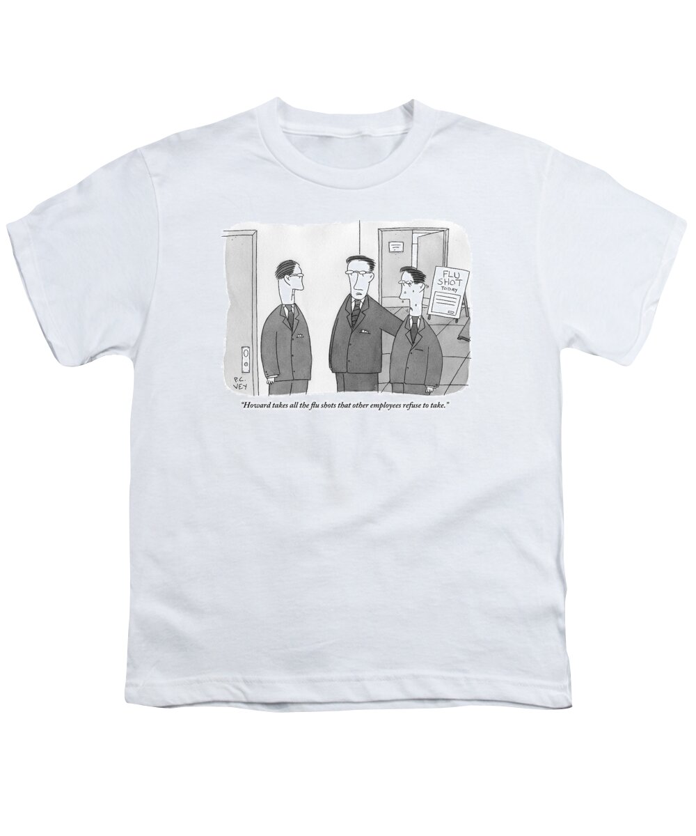 Flu Shots Youth T-Shirt featuring the drawing Three Men In Suits. One Is Sweating. Sign by Peter C. Vey