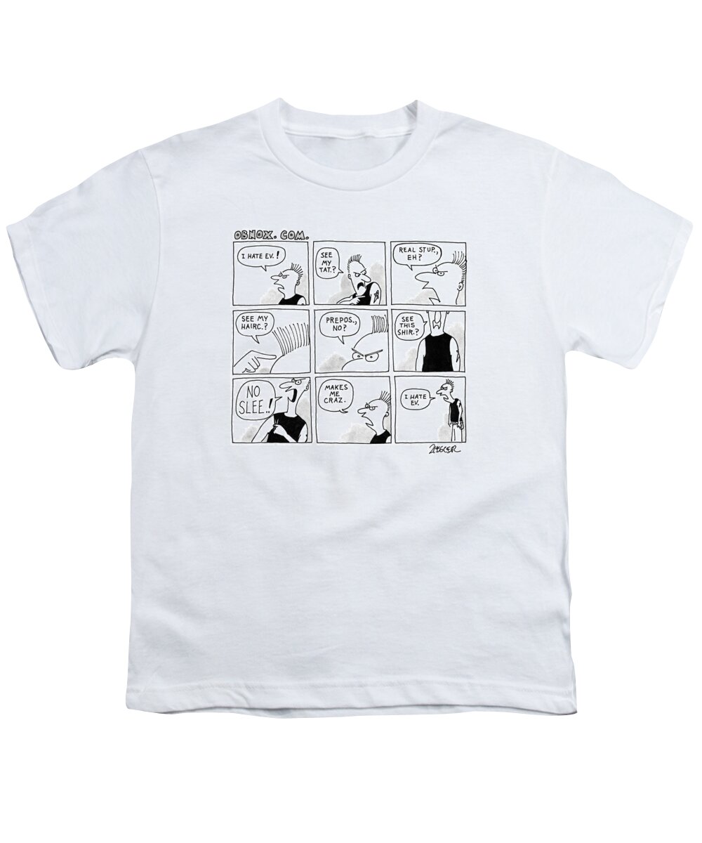 Modern Life Youth T-Shirt featuring the drawing Title: Obnox. Com. Strip Of Nine Frames by Jack Ziegler
