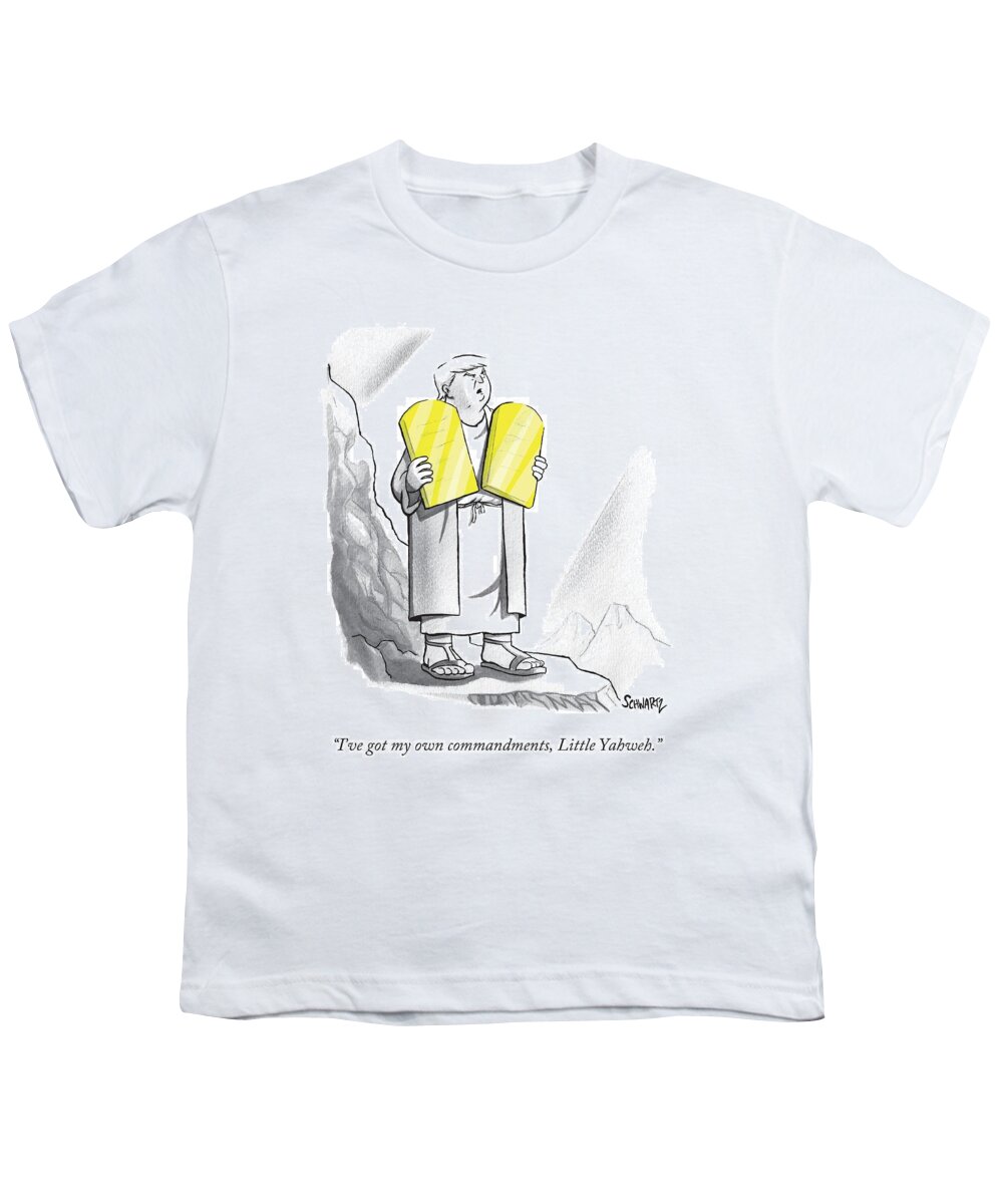 Trump Youth T-Shirt featuring the drawing Trump Holding Up Two Golden Tablets by Benjamin Schwartz