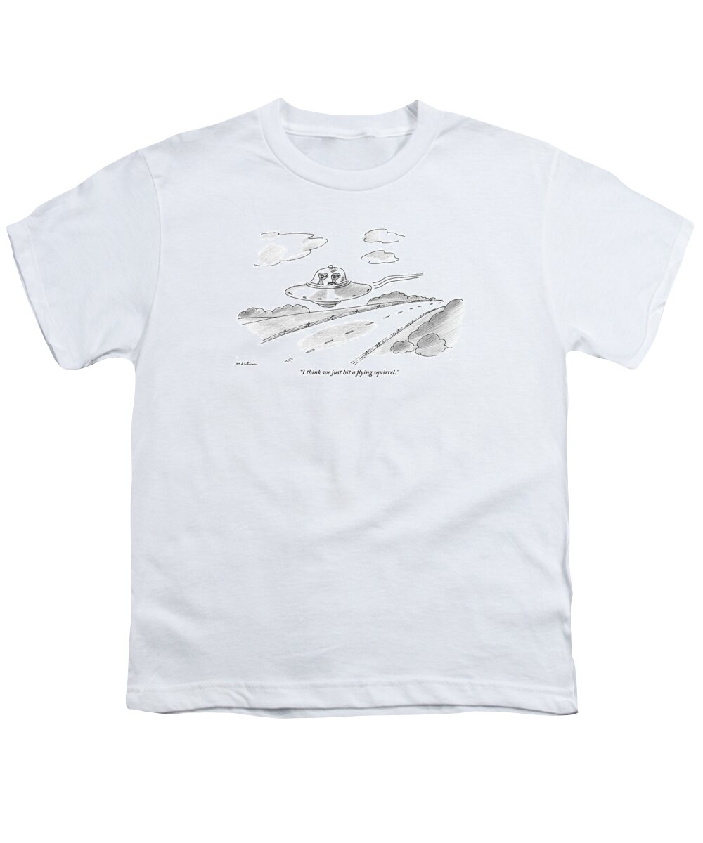 Aliens Youth T-Shirt featuring the drawing Two Aliens Fly A Saucer Down A Highway by Michael Maslin