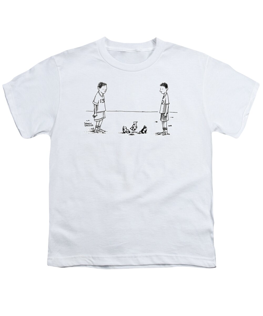 Boys Youth T-Shirt featuring the drawing Two Boys On A Soccer Team Look Down At The Ground by Shannon Wheeler