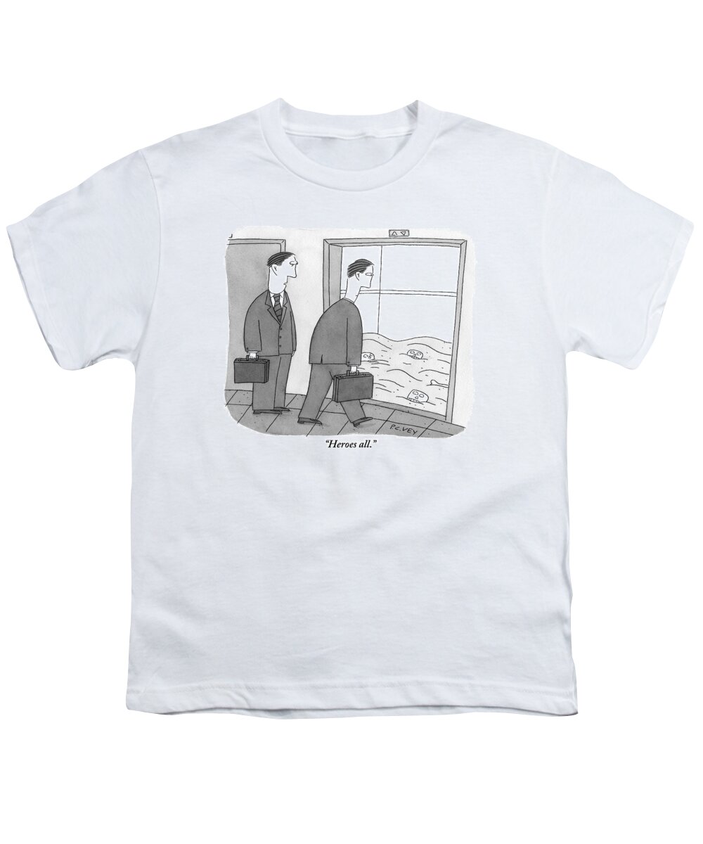 Heroes Youth T-Shirt featuring the drawing Two Businessmen Walk Towards An Open Elevator by Peter C. Vey