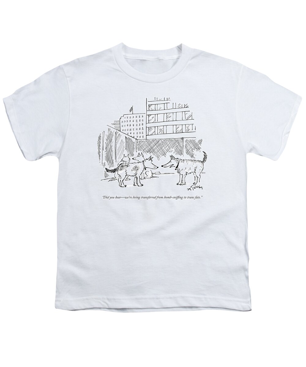 Police Dogs Youth T-Shirt featuring the drawing Two Dogs In A Kennel Speak To Each Other by Mike Twohy