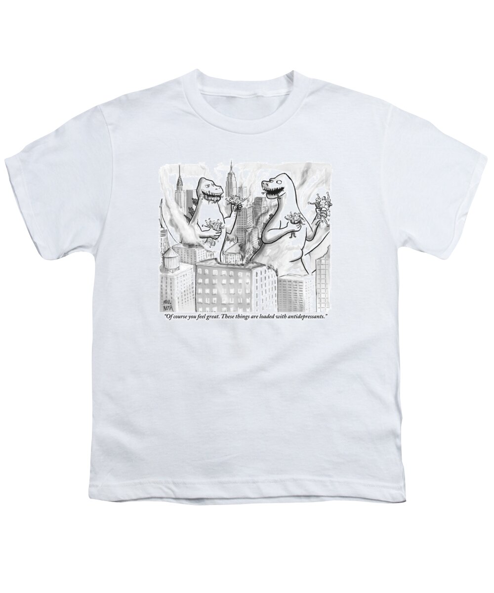 Godzilla Youth T-Shirt featuring the drawing Two Godzillas Talk To Each Other by Paul Noth