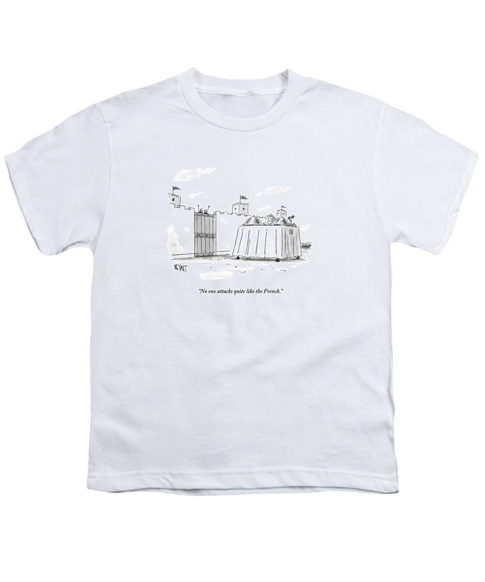 Trojan Horse Youth T-Shirt featuring the drawing Two Guards Talk To Each Other As A Giant Room by Christopher Weyant