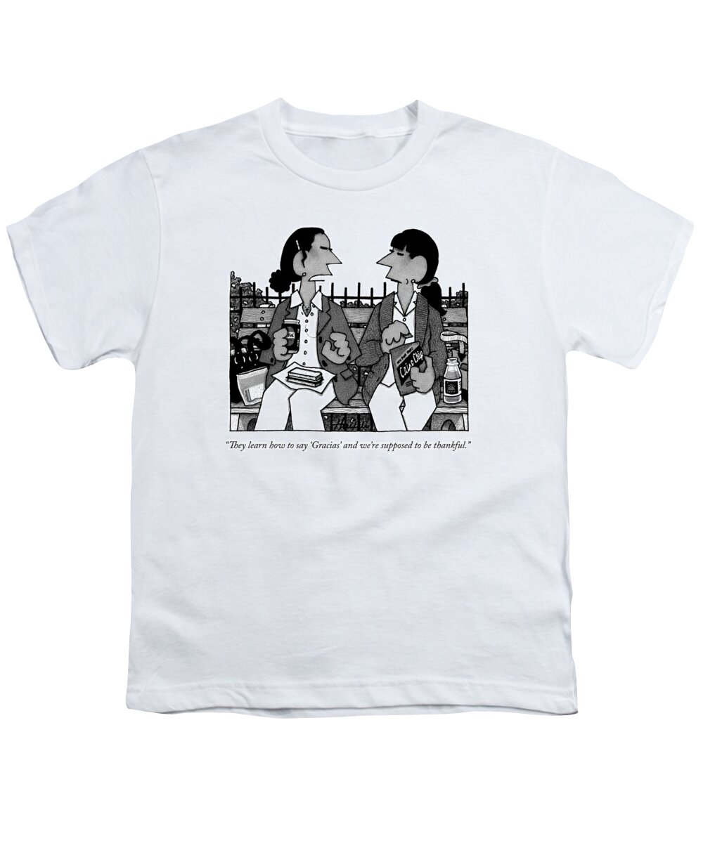 Hispanic Youth T-Shirt featuring the drawing Two Hispanic Women Sit On A Bench by William Haefeli