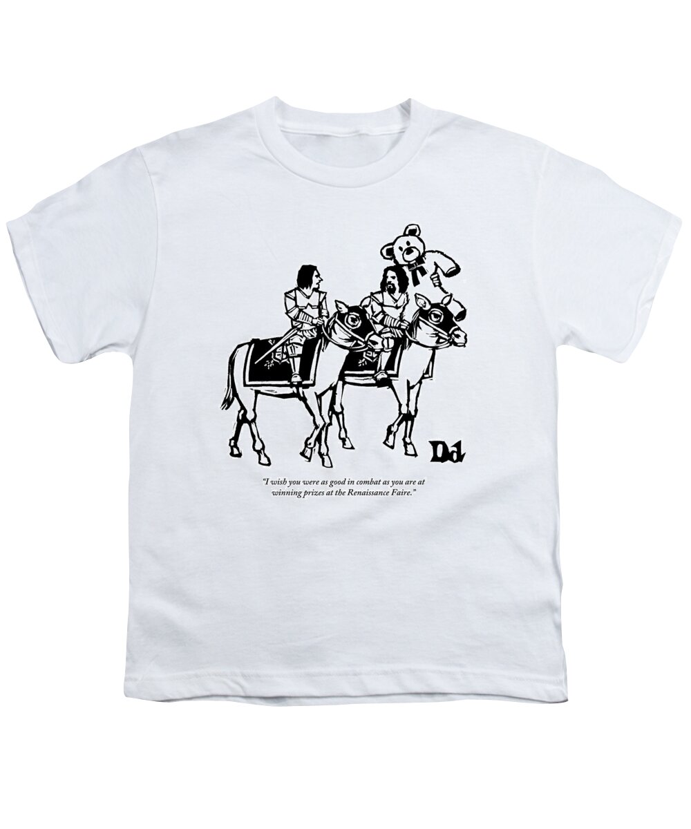 Knights Youth T-Shirt featuring the drawing Two Knights On Horses Talk And One Is Carrying by Drew Dernavich
