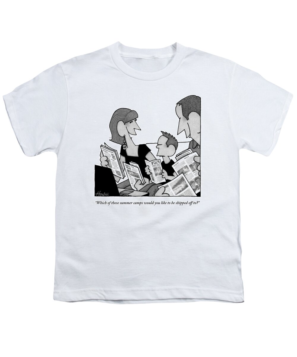 Summer Camp Youth T-Shirt featuring the drawing Two Parents And Their Son Sit On A Couch. Each by William Haefeli
