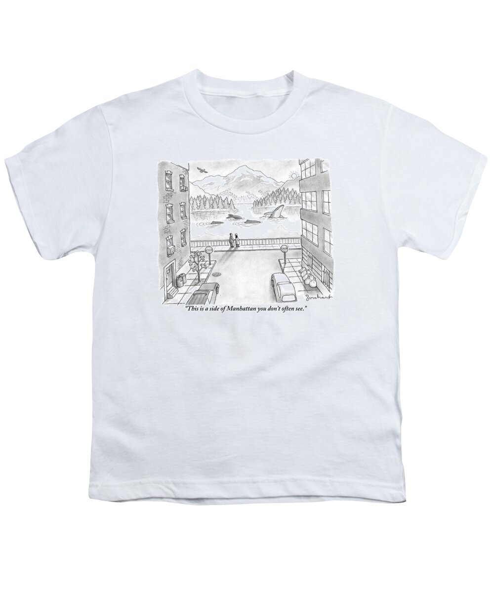 New York Youth T-Shirt featuring the drawing Two People In Manhattan Gaze Out At A Spectacular by David Borchart