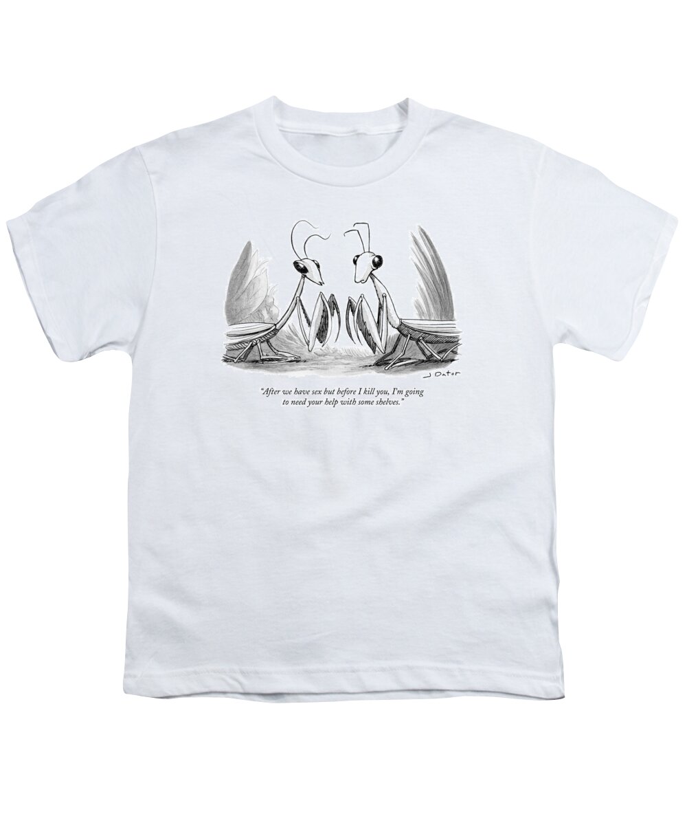After We Have Sex But Before I Kill You Youth T-Shirt featuring the drawing Two Praying Mantises Facing Each Other by Joe Dator