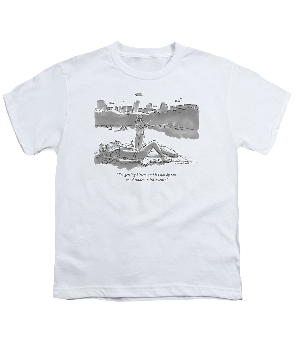 Insect Bites Youth T-Shirt featuring the drawing Two Women Sun Bathe In Central Park by Michael Crawford