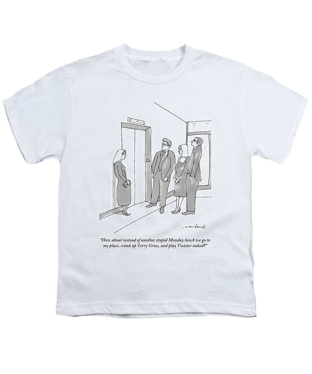 Lunch Youth T-Shirt featuring the drawing Two Working Men And Two Working Women Wait For An by Michael Crawford