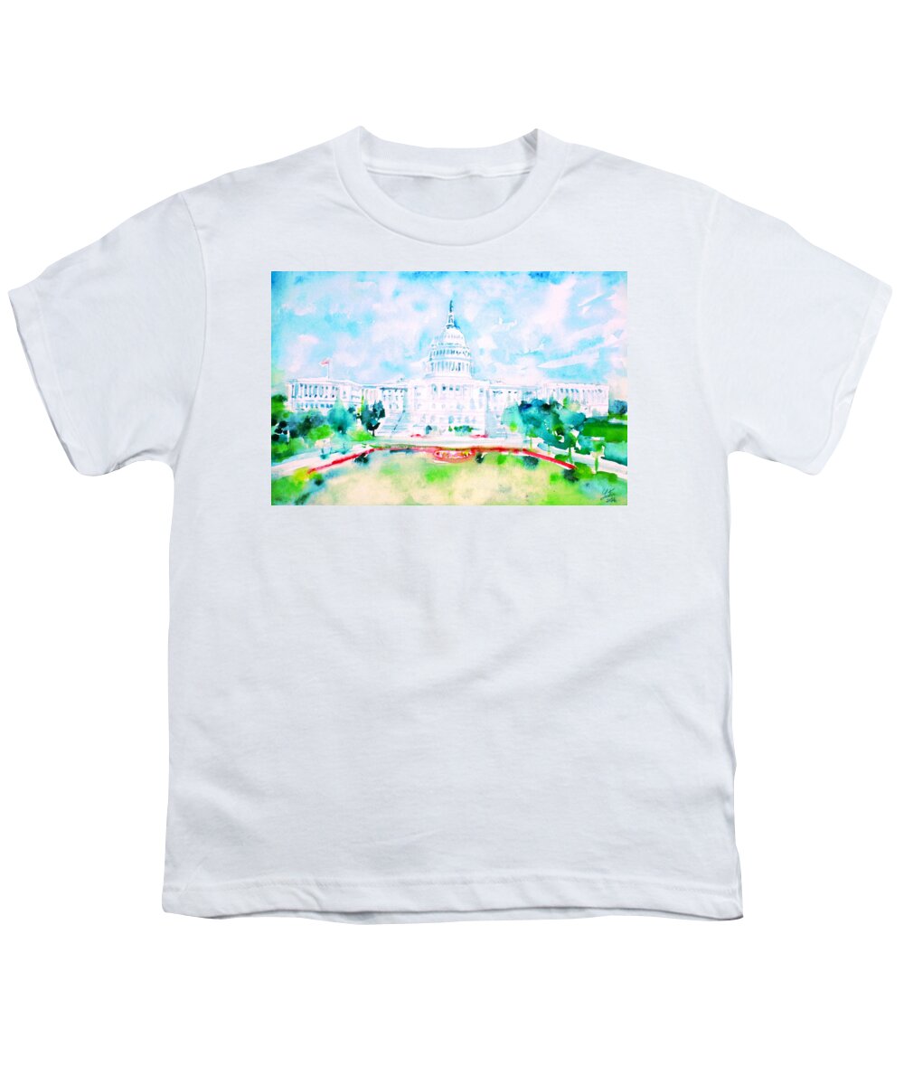 United States Capitol Youth T-Shirt featuring the painting UNITED STATES CAPITOL - watercolor portrait by Fabrizio Cassetta