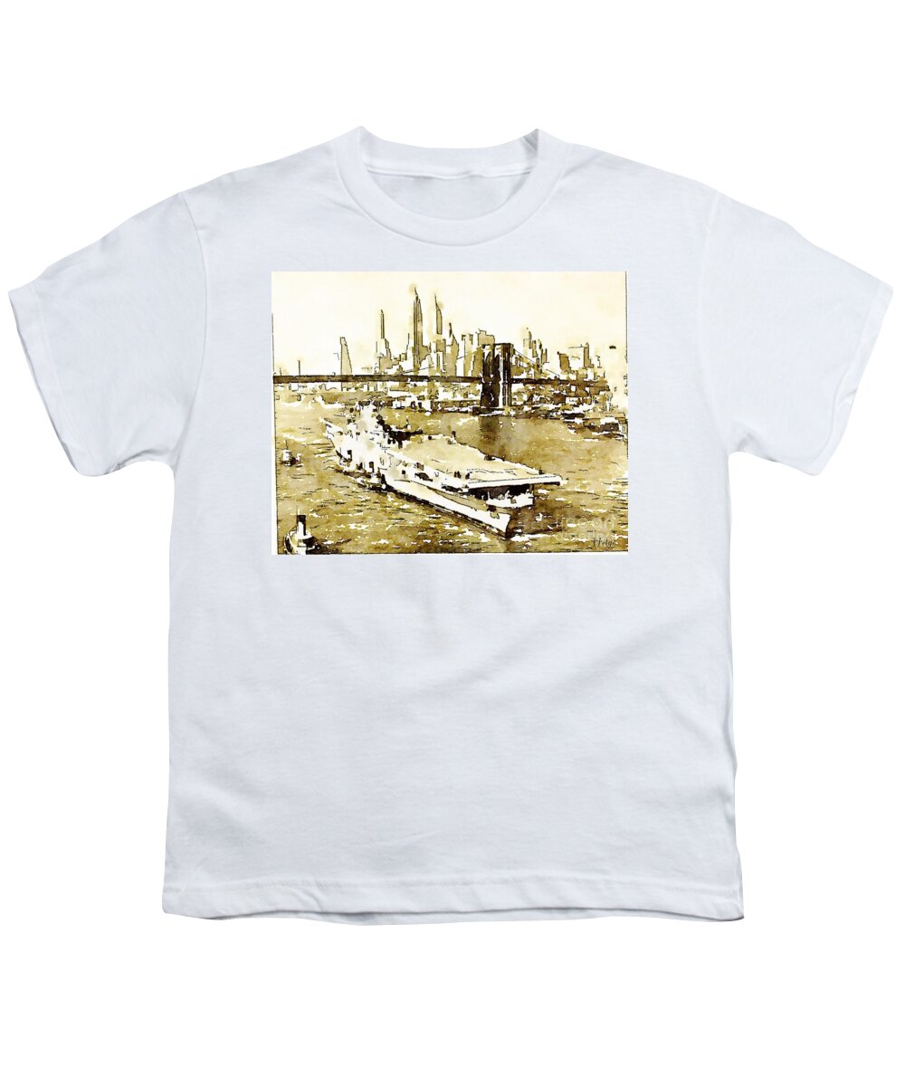 Navy Youth T-Shirt featuring the painting USS Tarawa NYC and Brooklyn Bridge by HELGE Art Gallery