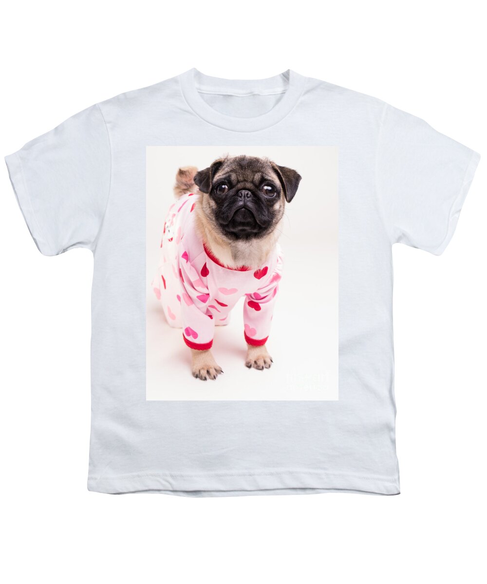Pug Youth T-Shirt featuring the photograph Valentine's Day - Adorable Pug Puppy in Pajamas by Edward Fielding