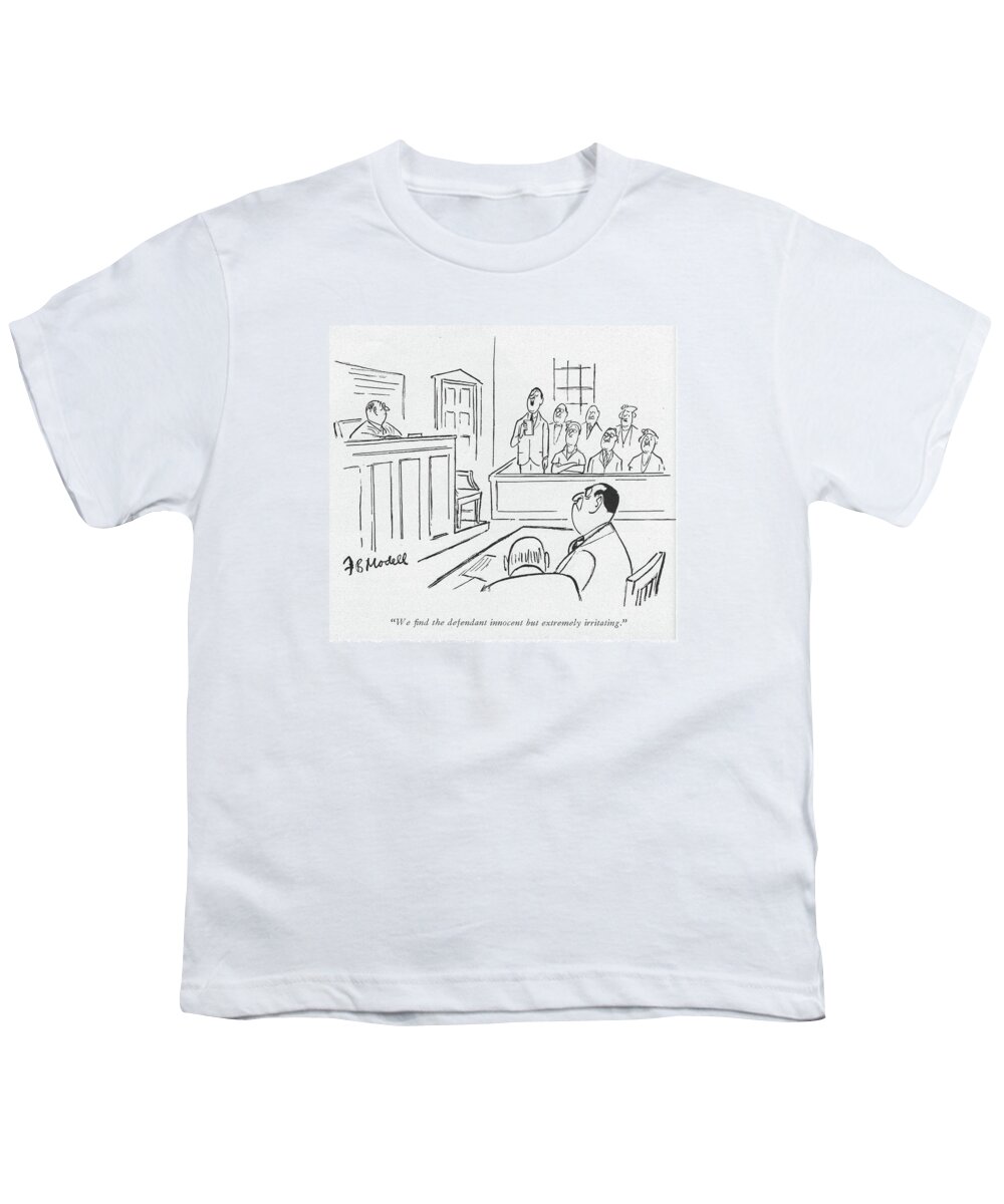 96818 Fmo Frank Modell (man In Court Reading Jury's Verdict.) Court Courthouse Courtroom Han Judge Judicial Jury Jury's Law Lawyers Legal Reading System Trial Verdict Witness Youth T-Shirt featuring the drawing We ?nd The Defendant Innocent But Extremely by Frank Modell