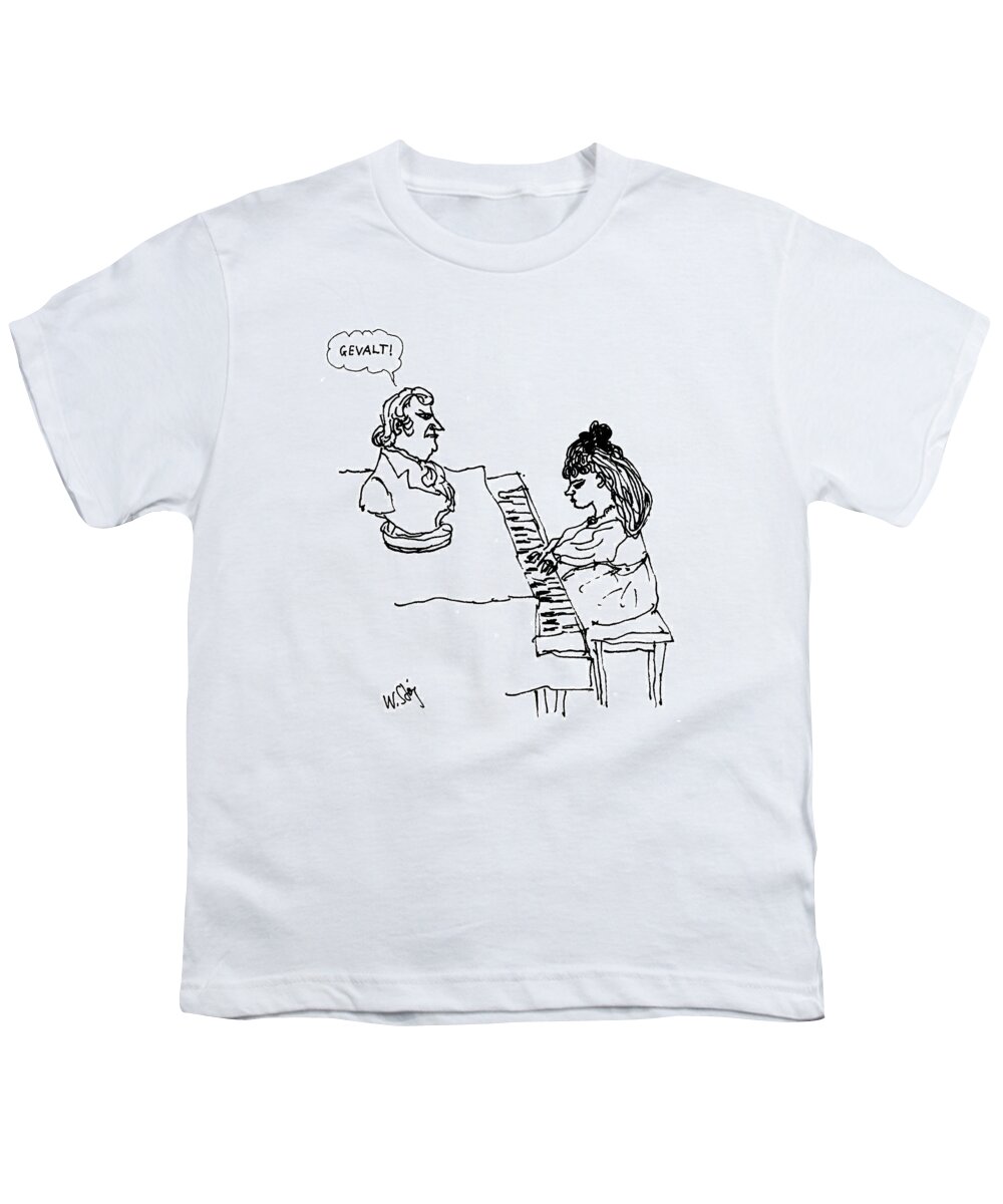 (young Girl Plays Piano As Bust Of Beethoven Says Youth T-Shirt featuring the drawing Woman Playing Piano by William Steig