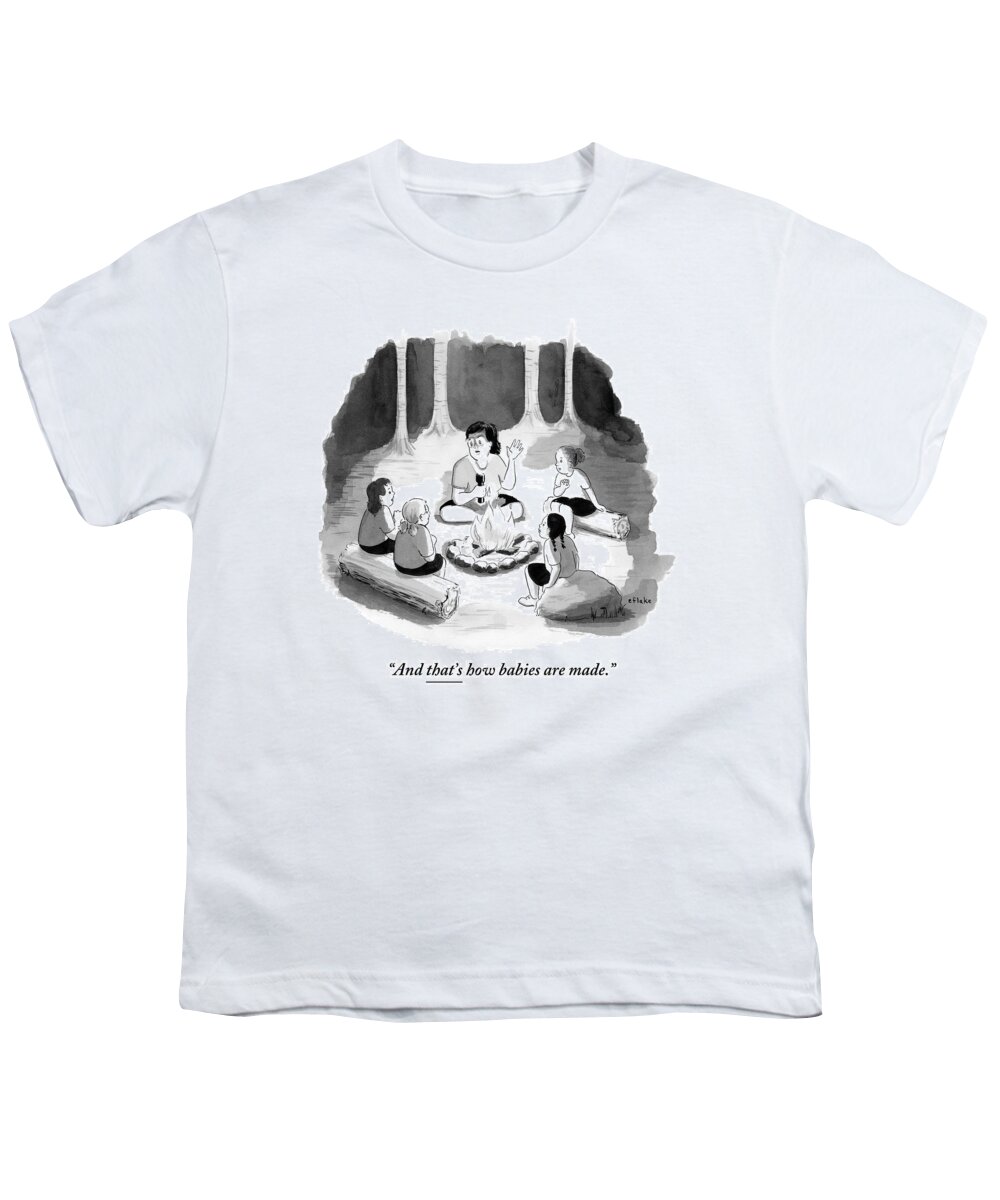 Horror Stories Youth T-Shirt featuring the drawing Woman Sitting Around Campfire With Four Children by Emily Flake