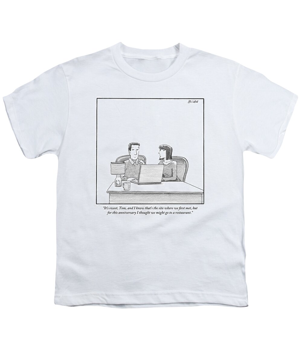 Internet Dating Youth T-Shirt featuring the drawing Woman Speaks To Husband As They Sit Behind A Desk by Harry Bliss