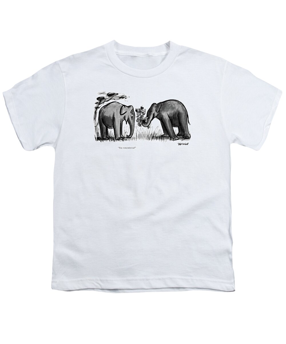 (lady Elephant To Gentleman Elephant Presenting Her With A Large Bouquet Of Flowers Romance Youth T-Shirt featuring the drawing You Remembered by Frank Modell