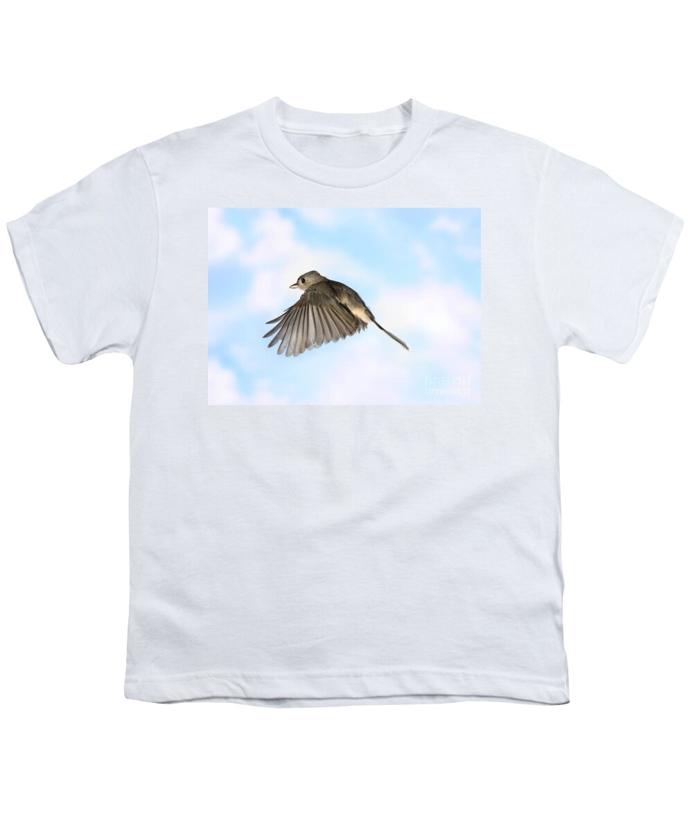 Songbirds Youth T-Shirt featuring the photograph Tufted Titmouse In Flight #14 by Ted Kinsman