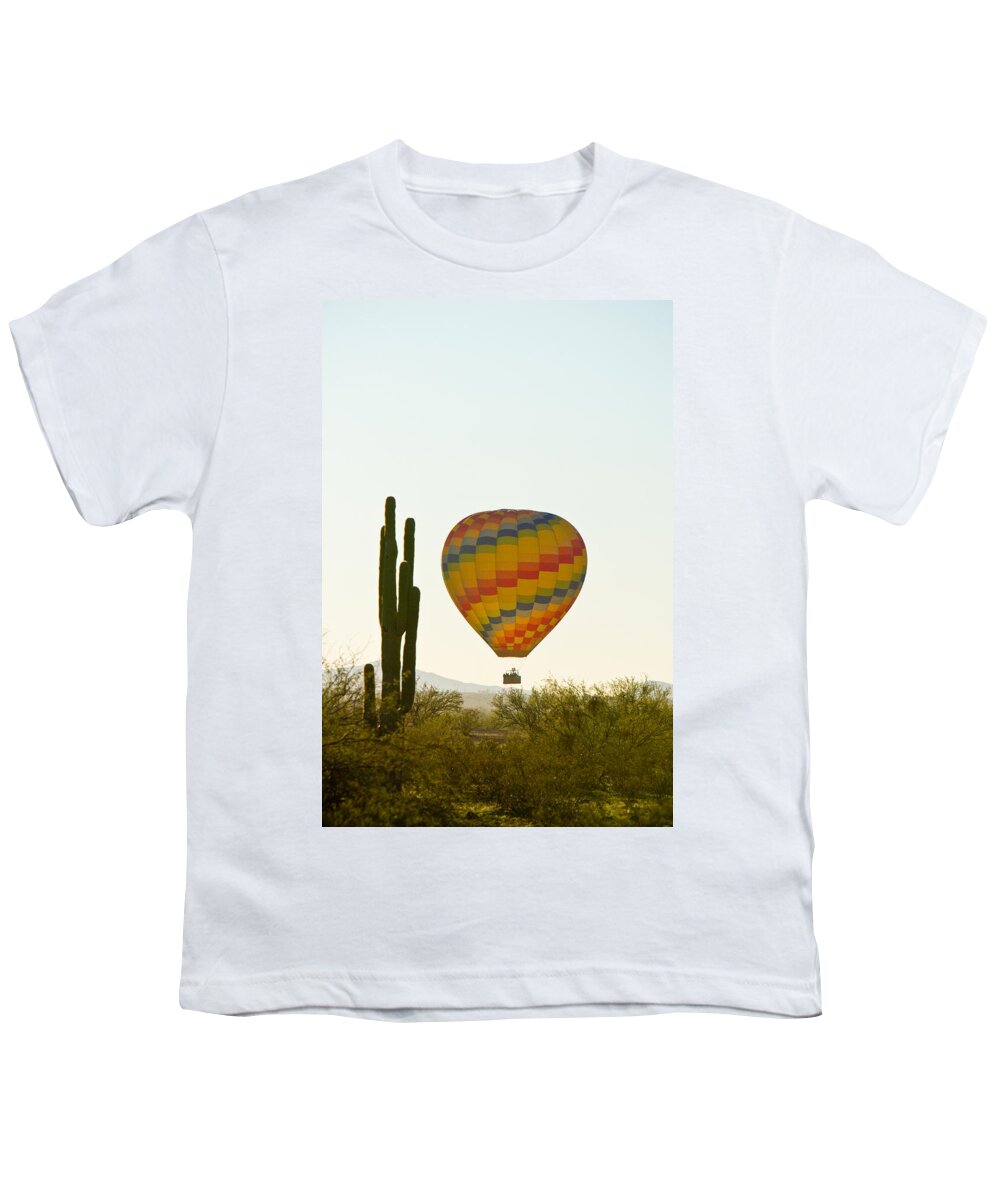 Arizona Youth T-Shirt featuring the photograph Hot Air Balloon In the Arizona Desert With Giant Saguaro Cactus by James BO Insogna