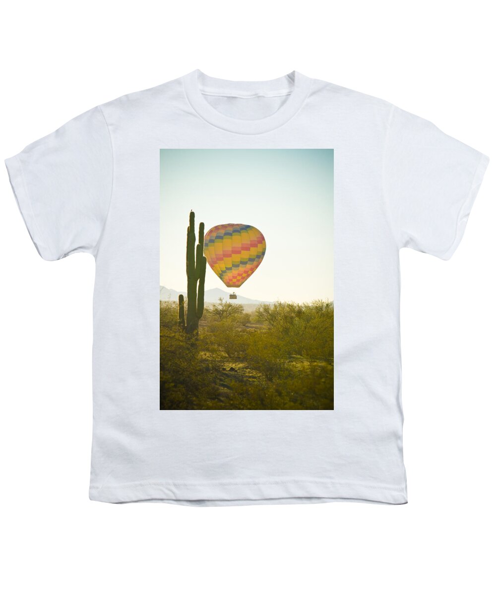 Arizona Youth T-Shirt featuring the photograph Hot Air Balloon over the Arizona Desert With Giant Saguaro by James BO Insogna