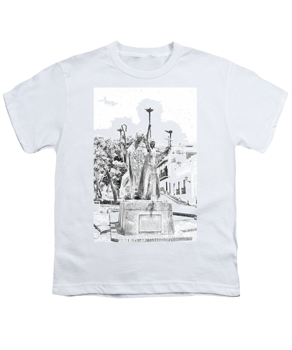 Old San Juan Youth T-Shirt featuring the digital art La Rogativa Sculpture Old San Juan Puerto Rico Black and White Line Art by Shawn O'Brien