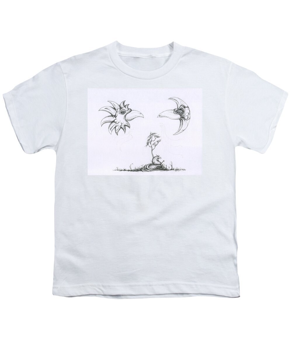 Fantasy Youth T-Shirt featuring the drawing Sun Bird Moon Bird and a Seated Whargle by Mark Johnson