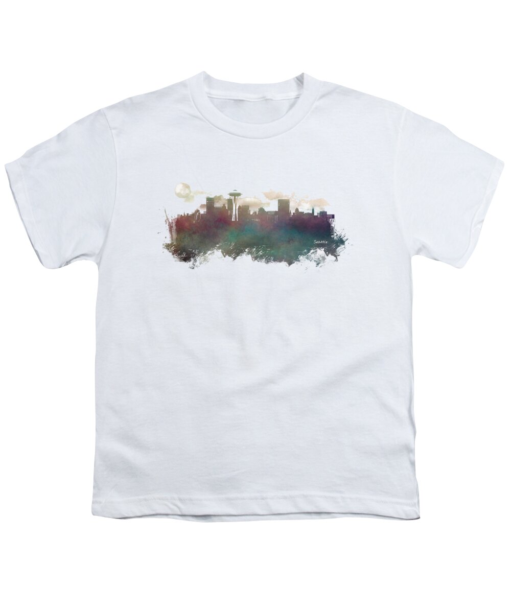 Seattle Youth T-Shirt featuring the digital art Seattle Washington skyline #1 by Justyna Jaszke JBJart