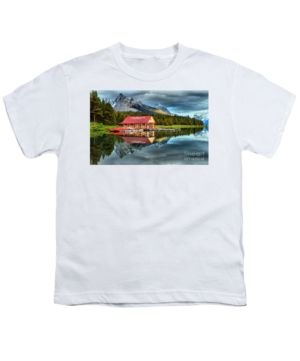 Maligne Lake Youth T-Shirt featuring the photograph A Touch Of Sunset by Adam Jewell