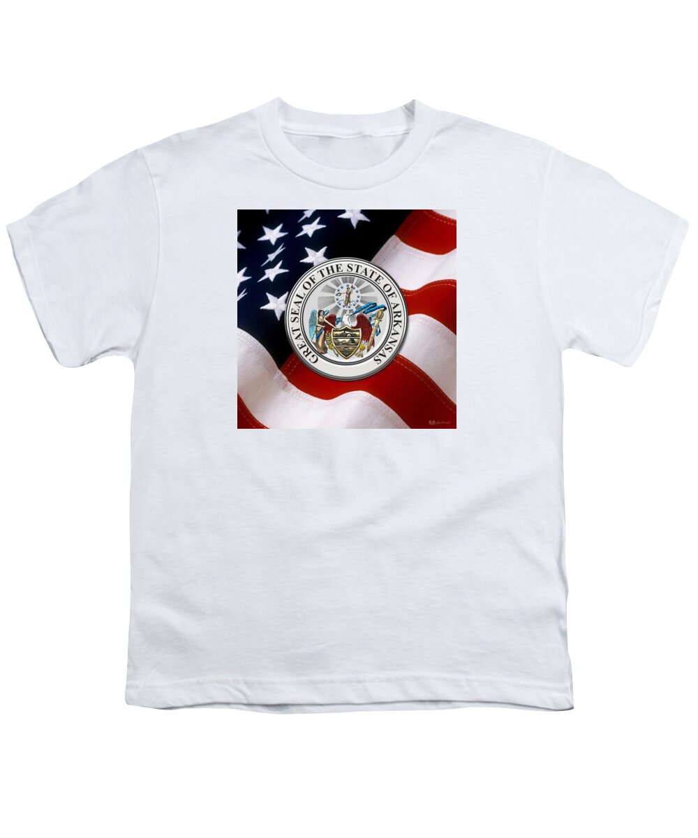 'state Heraldry' Collection By Serge Averbukh Youth T-Shirt featuring the digital art Arkansas State Seal over U.S. Flag by Serge Averbukh