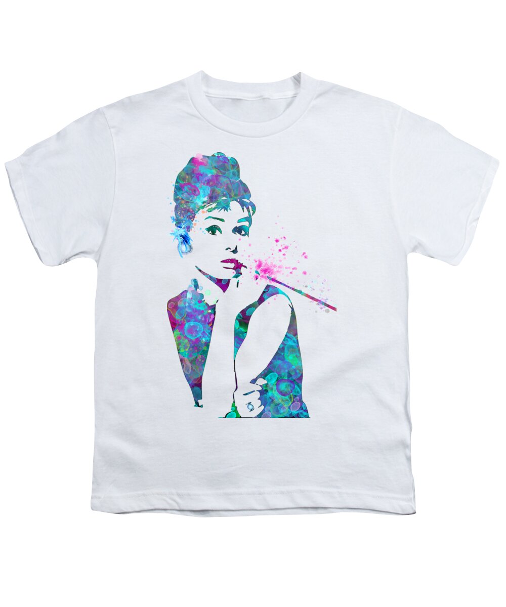 Audrey Youth T-Shirt featuring the digital art Audrey Hepburn Watercolor Pop Art by Mary Alhadif