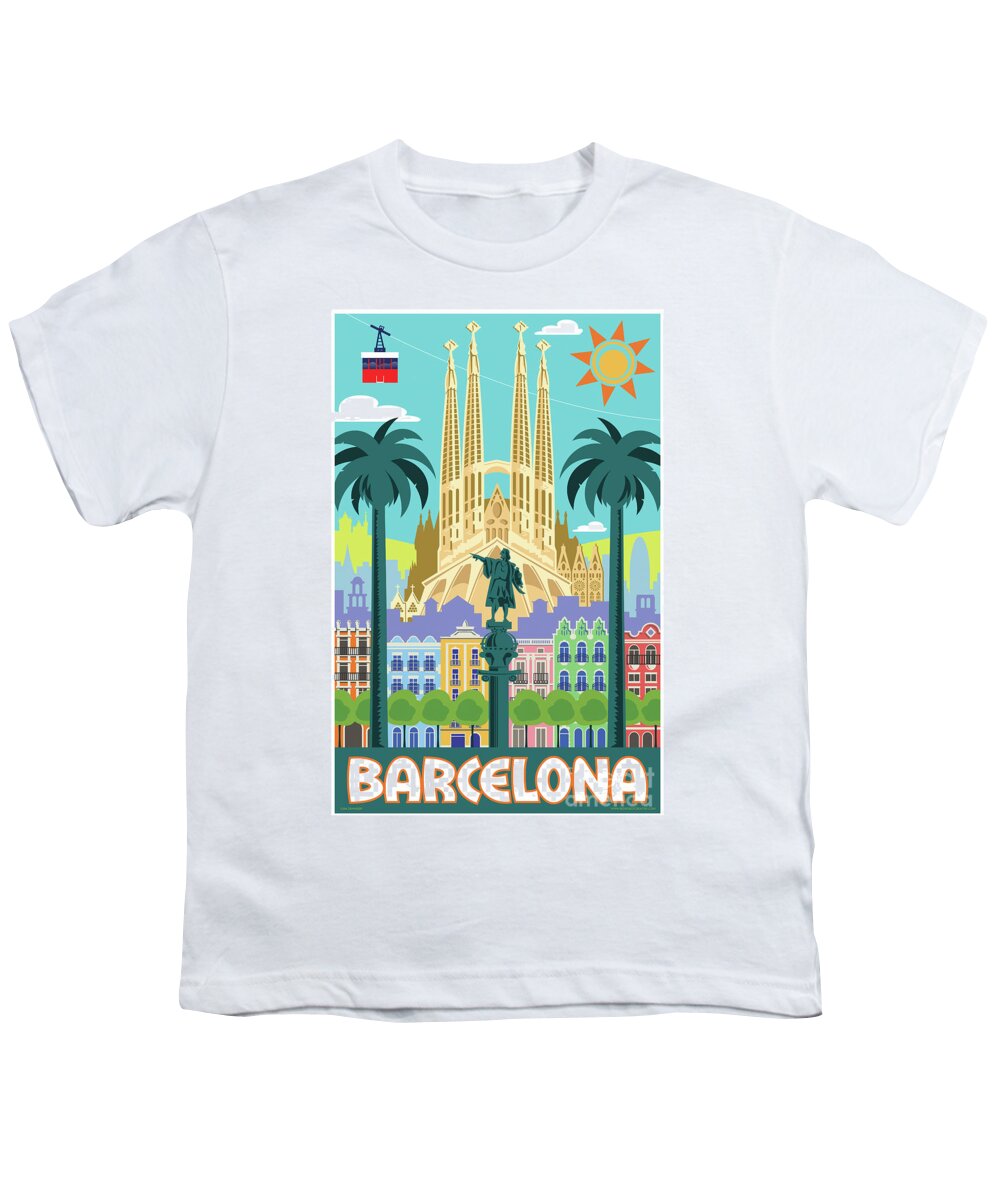 #faatoppicks Youth T-Shirt featuring the digital art Barcelona Poster - Retro Travel by Jim Zahniser