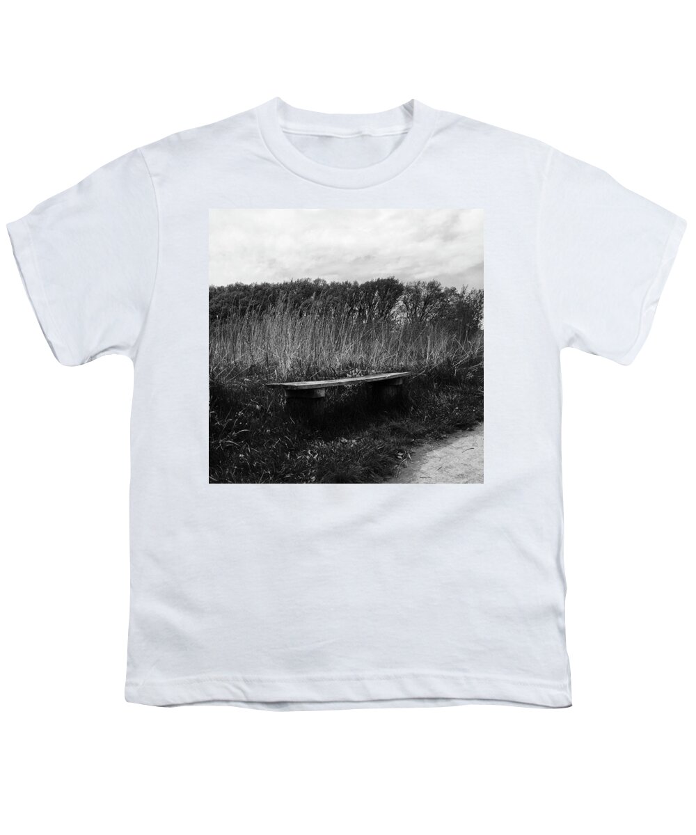 Black And White Youth T-Shirt featuring the photograph Bench In The Prairie by Frank J Casella