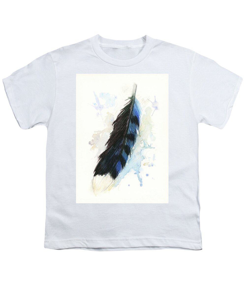 Watercolor Youth T-Shirt featuring the painting Blue Jay Feather Splash by Brandy Woods