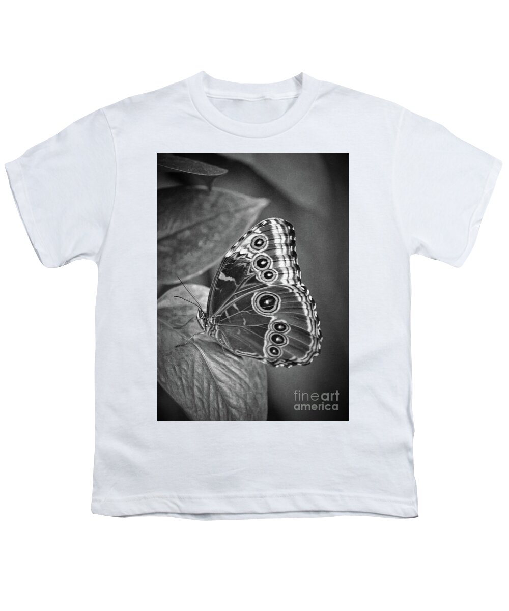 In Focus Youth T-Shirt featuring the photograph Blue Morpho Butterfly Black And White by Sharon McConnell