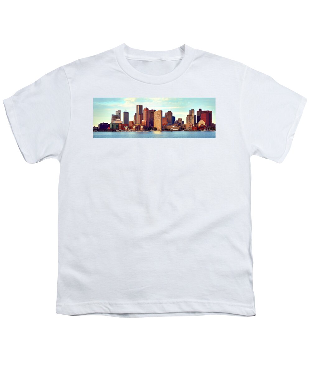 Boston Skyline Morning Youth T-Shirt featuring the photograph Boston Skyline in Early Morning Panorama Harbor by Jon Holiday