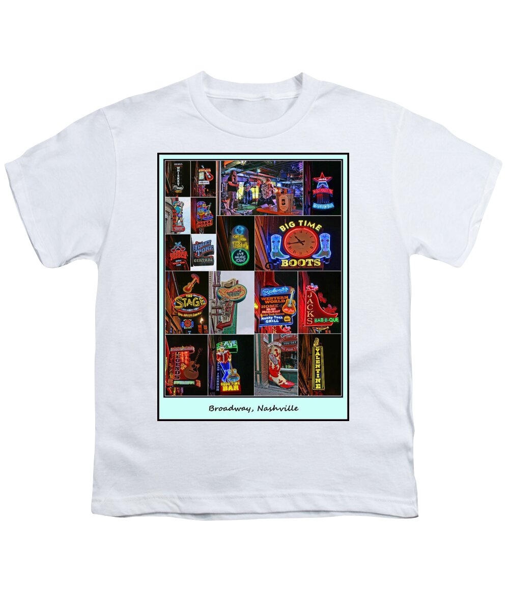 City Youth T-Shirt featuring the photograph Broadway, Nashville - Collage # 2 by Allen Beatty