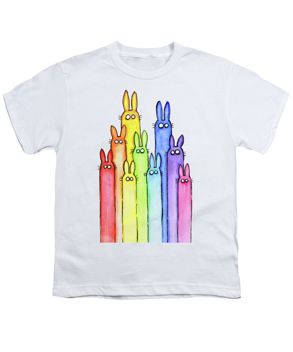 Baby Youth T-Shirt featuring the painting Bunny Rabbits Watercolor Rainbow by Olga Shvartsur